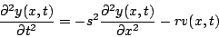 \begin{displaymath}
\frac{\partial^2 y(x,t)}{\partial t^2} =
-s^2 \frac{\partial^2 y(x,t)}{\partial x^2}
-r v(x,t)
\end{displaymath}