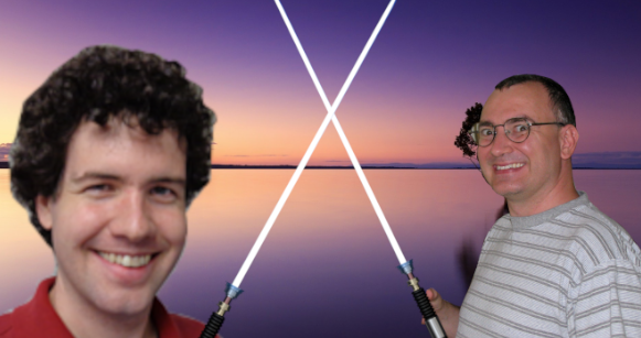 Aaron and Ernie having a lightsaber battle during a sunset